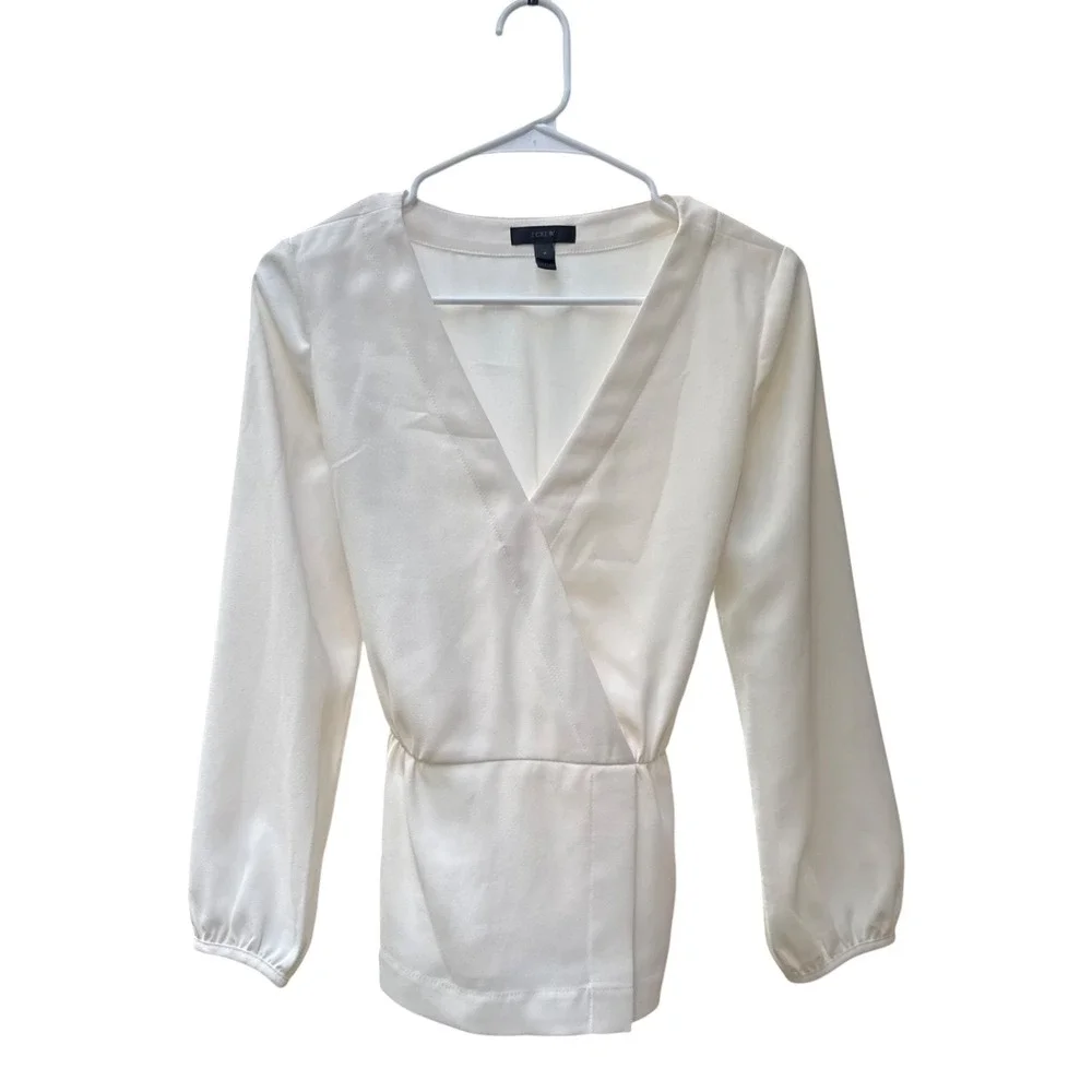 J.Crew Ivory Satin Wrap Blouse V Neck Long Sleeve Quiet Luxury Minimalist